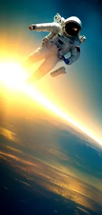 This stunning phone live wallpaper features an astronaut floating weightlessly above planet earth, surrounded by a beautiful mix of light and space