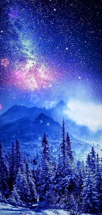 This beautiful live wallpaper features a serene snowy landscape with trees and a mountain in the background