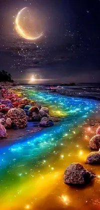 If you're looking for a stunning live wallpaper for your phone, this rainbow beach at night is sure to impress