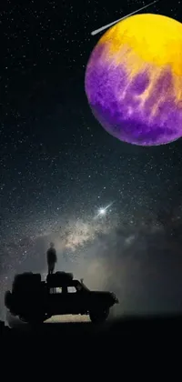 This live wallpaper showcases a colorized photograph featuring an individual standing atop a vehicle under a stunning full moon