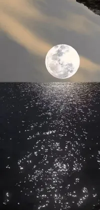 This phone live wallpaper showcases a digital rendering of a tranquil lake under a full moon's glow
