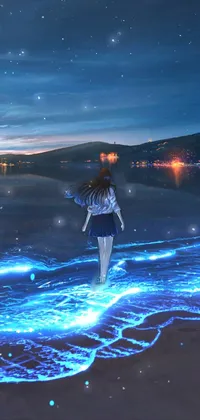This live wallpaper features a stunning digital art of a night beach scene, with an anime-inspired woman walking by the beautiful blue lights