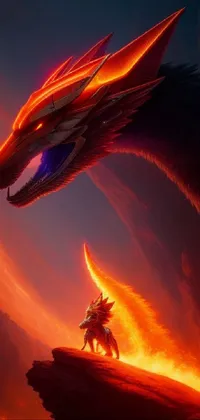 Get ready for an incredible, high-quality live wallpaper featuring a man riding a horse alongside a giant dragon, set in a fantasy world full of fire and lava