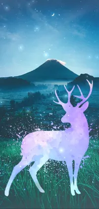 This phone live wallpaper features a serene deer standing in the grass with a background of Mount Fuji