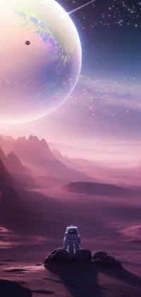 This stunning wallpaper features a space station on an alien planet, depicted using entirely gradients