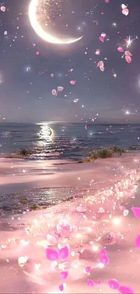 This stunning phone live wallpaper depicts a beautiful beach covered in pink petals next to the ocean