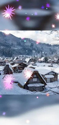 This live wallpaper displays an enchanting wintery village cloaked in snow, complete with a bokeh effect that adds depth and texture to the image