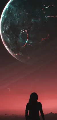 This phone live wallpaper depicts a striking image of a powerful woman standing in front of a beautiful planet