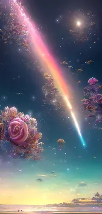 This phone live wallpaper features a stunning rainbow shining over calm waters and a beautifully imagined world by a space artist