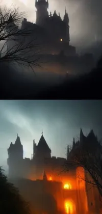 This live wallpaper features a stunning gothic-style castle perched atop a hill on a foggy night