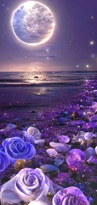 This beautiful live wallpaper for your phone features a serene beach with purple roses and a full moon in the sky
