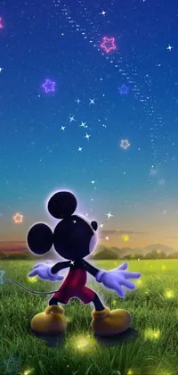 This phone live wallpaper features the beloved Disney character Mickey Mouse standing on a lush green field set against the tranquility of a starry night sky