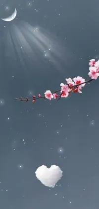 This phone live wallpaper boasts a beautiful tree branch with a heart shaped cloud floating in a serene sky