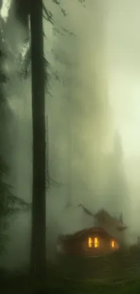 This live wallpaper showcases a rustic woodland cabin on a misty day, surrounded by towering trees
