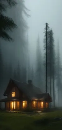 This live wallpaper features a charming cabin set amidst a dense forest