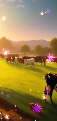 This live phone wallpaper depicts a herd of cows grazing on a lush green field in the late afternoon sun or early morning sunrise