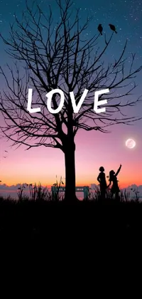 This phone live wallpaper depicts a romantic scene of a couple near a tree, set against a stunning night landscape background sourced from Tumblr