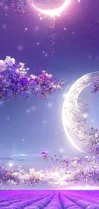 This live wallpaper features a stunning lavender field illuminated by the shining moon and surrounded by vibrant flowers and sparkling crystals