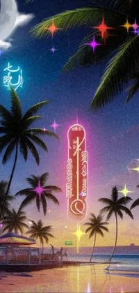 This phone live wallpaper showcases an incredible painting of a neon-lit beach with towering palm trees that brings to mind a cyberpunk aesthetic