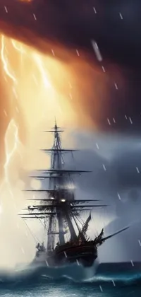 This live phone wallpaper depicts a stunning scene of a pirate ship in the middle of a vast body of water