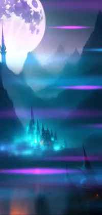 This live wallpaper depicts an ethereal castle with a full moon in the background