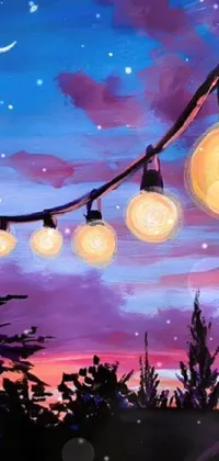 This lively phone wallpaper features a beautiful painting of string lights hanging above a stunning night sky, with a warm, glowing sunset in the background