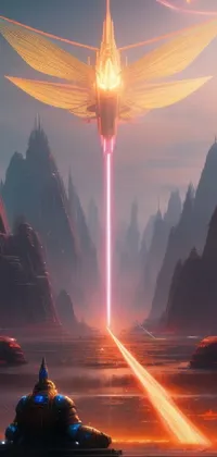 This phone live wallpaper features a stunning painting of a futuristic spaceship flying over a majestic mountain and palace