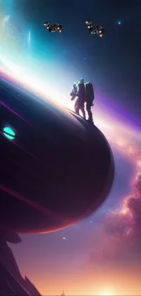 This is a stunning live wallpaper featuring a futuristic spaceship with two individuals standing on top