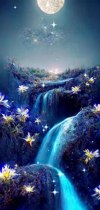 This phone wallpaper features a stunning digital art of a serene waterfall surrounded by vibrant flowers under a full moon
