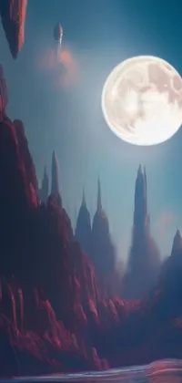 This phone live wallpaper depicts a breathtaking full moon illuminating a calm water body surrounded by a canyon with long spires - a fantastic inspiration for Cycles 3D rendering technology