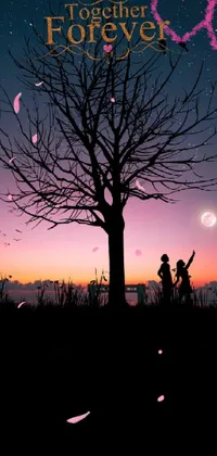 Looking for a stunning live wallpaper for your phone? Check out this romantic 4k wallpaper featuring a couple standing beside a tree gazing up at the stars