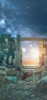 This live wallpaper displays a doorway leading to a sky full of stars, with vibrant colors ranging from purples and blues to oranges and yellows
