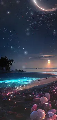 This phone live wallpaper showcases a stunning digital art style of a moonlit beach with two colorful umbrellas