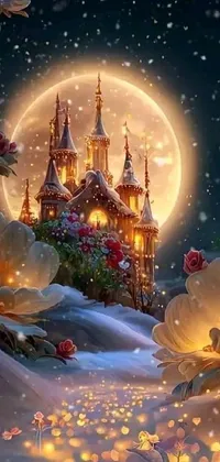 Indulge in a stunning live wallpaper that portrays a castle surrounded by flowers in a winter wonderland