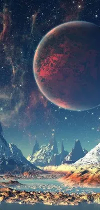 This phone live wallpaper features a breathtaking alien landscape with towering mountains and a distant planet