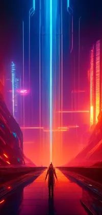 Enjoy the stunning live wallpaper featuring a man standing in a bustling city at night, in the midst of an explosion of neon lights, creating a surreal and otherworldly experience
