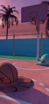 A live wallpaper for your phone featuring a realistic basketball ball resting on top of a basketball court with palm trees in the background