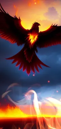 This live wallpaper for phone depicts a fierce, mythical bird with fiery feathers and piercing eyes in flight