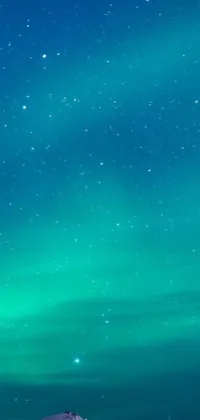 This phone live wallpaper depicts a group of people standing on a snow-covered slope with a background of Northern Lights in space