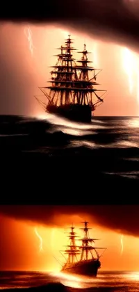 This dynamic live wallpaper depicts a ship sailing across choppy waters with lightning striking in the background