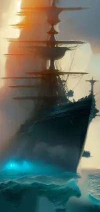 This phone live wallpaper shows a large boat floating on calm waters, with stunning concept art by a skilled digital artist