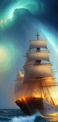 This phone live wallpaper features a breathtaking fantasy art scene, showcasing a large sailboat with three masts floating atop a turbulent body of water on a planet of maelstrom