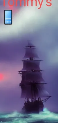 This is a stunning phone live wallpaper featuring a majestic tall ship floating on top of a shimmering body of water at sunset