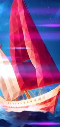 This live phone wallpaper showcases a beautiful red sailboat floating serenely on top of a low-poly rendered body of water