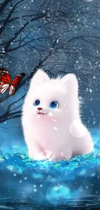 This stunning live wallpaper for your phone features a delightful white Pomeranian dog sitting on top of a snow-covered ground, surrounded by a beautiful blue glow