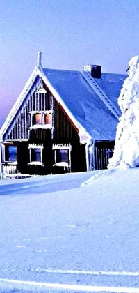 The phone live wallpaper displays a stunning cottage perched atop a snow-covered hill
