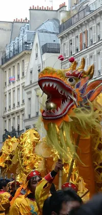 This colorful live wallpaper features a bustling street scene in Paris, complete with a majestic Chinese dragon winding through the crowds