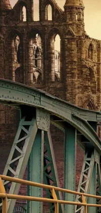 This live wallpaper features a bridge with a clock tower and a castle in the background against a serene skyline, with muted shades of blue, purple, and brown dominating the palette