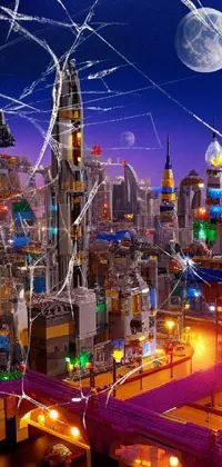Get mesmerized by the stunning live wallpaper depicting a retrofuturistic Lego movie styled city at night