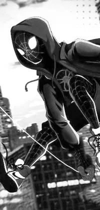 This live wallpaper depicts Spider-Man in a black and white, manga-style panel